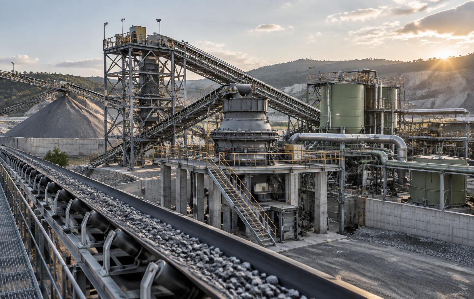 Modern mineral processing plant with conveyors and engineering infrastructure